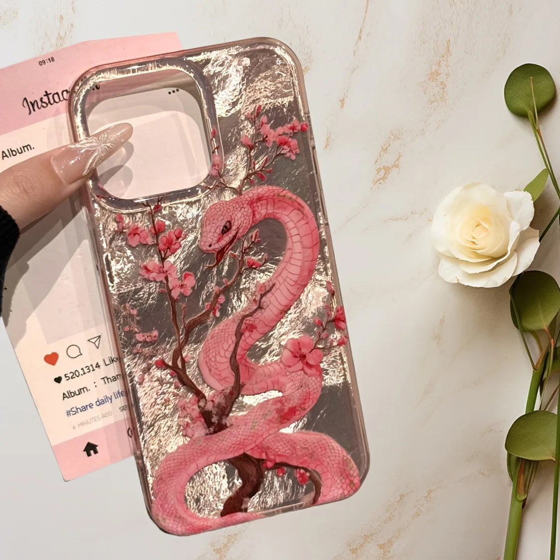 Illustration Plum Blossom Pink Snake Phone Case For iPhone 16 Pro Max 15 14 Plus 13 12 11 XS X XR 7 8 16 Plus SE 2022 16E Cover