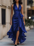 Freeacy Women's Deep V-neck Ruffled Evening Gowns Solid Color Lace-up High Waist Satin Party Dresses Wedding Guests Dress