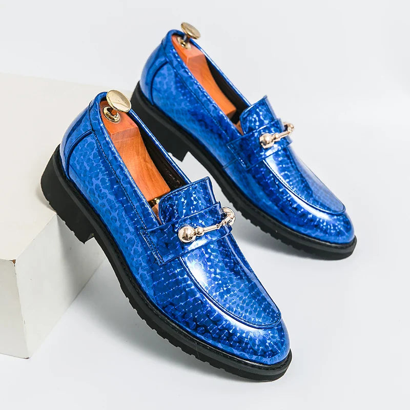 Men's Glossy Leather Shoes European American Luxury Blue High-end Banquet Loafers Commuting Party Dress Formal Shoes Size：38-46