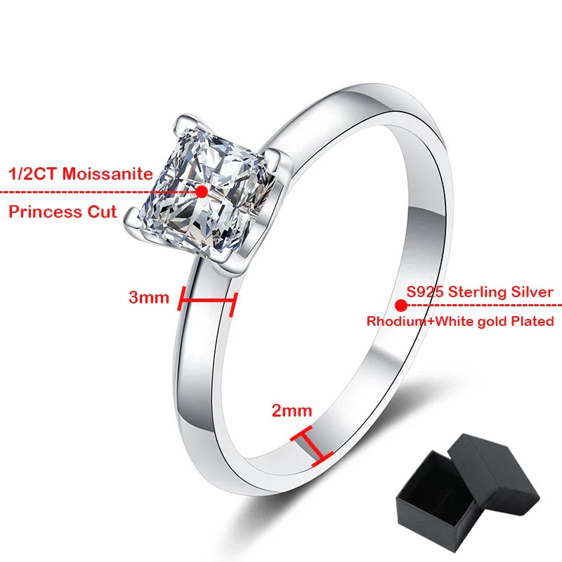 Certified Pricess Cut Moissanite Engagement Ring 1CT 2CT Colorless VVS Diamond Bridal Proposal Rings Sterling Silver Weddig Band