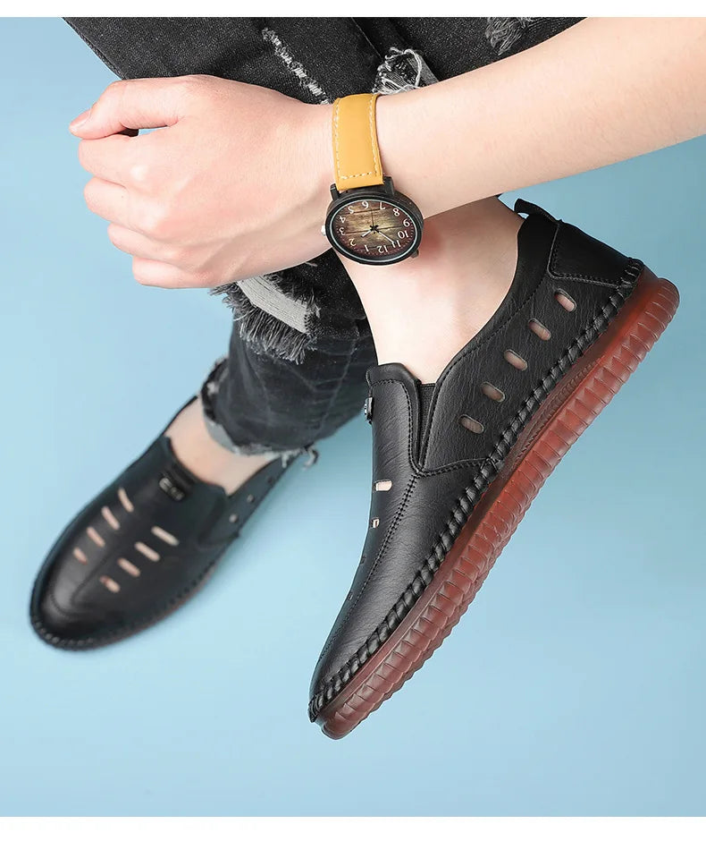 Solid Color Business Casual Shoes for Men Breathable Hallow Leather Sandals Male New Designer Fashion Summer Shoes Man