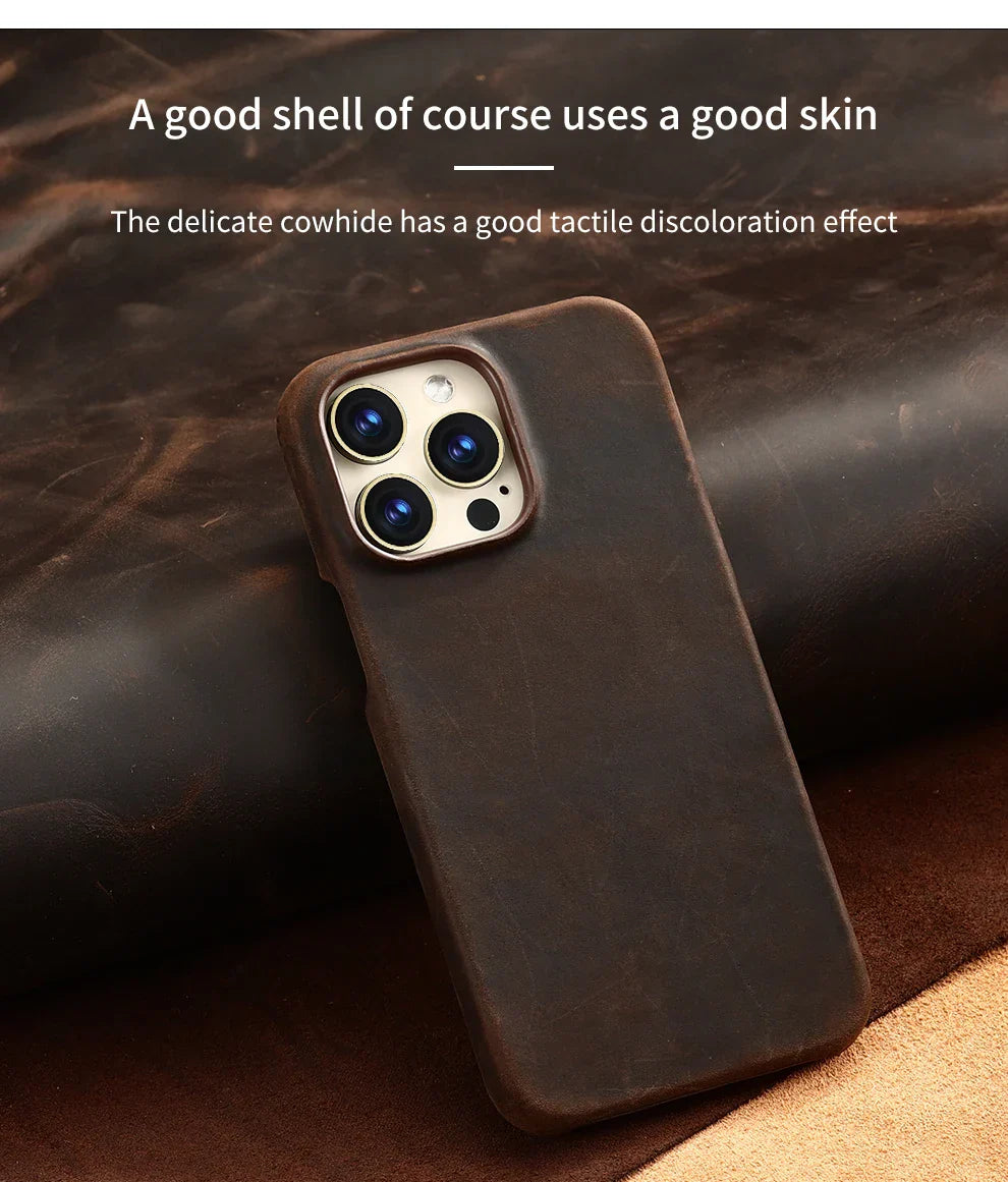 for Magsafe Case for iPhone 15 16 17 Pro Max Air Retro Luxury Full Grain Cowhide Genuine Oiled PULL-UP Leather Magnetic Cover