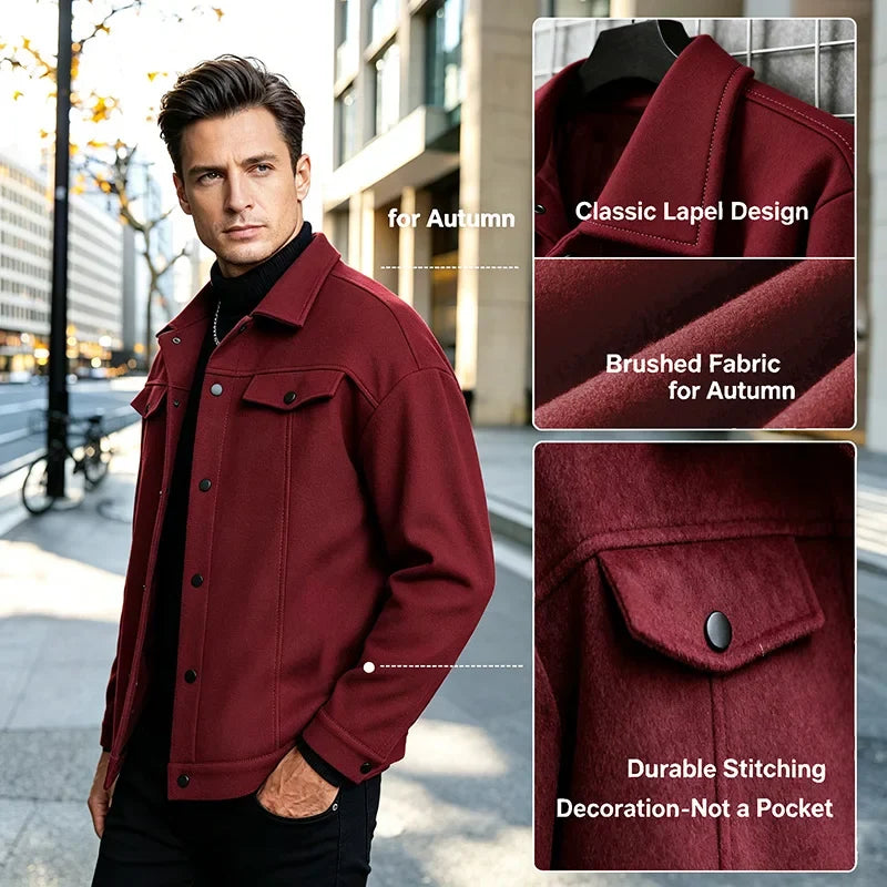 Men's Polyester Brushed Jacket, Lapel Button/Zipper Coat with Pocket, Comfortable Casual Autumn Winter Office Business Wear