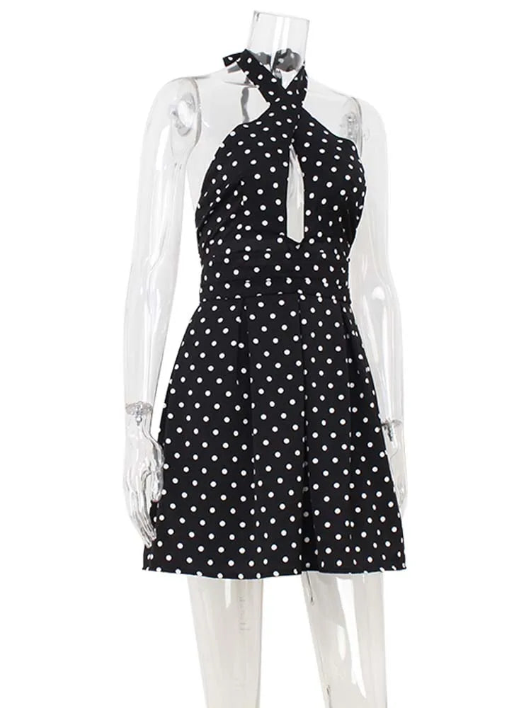 Hollow Out Backless Halter Lace-up Outfits Sheath Women Dresses A-Line Fashion Dot Prints Elegant Female Bodycon Sexy