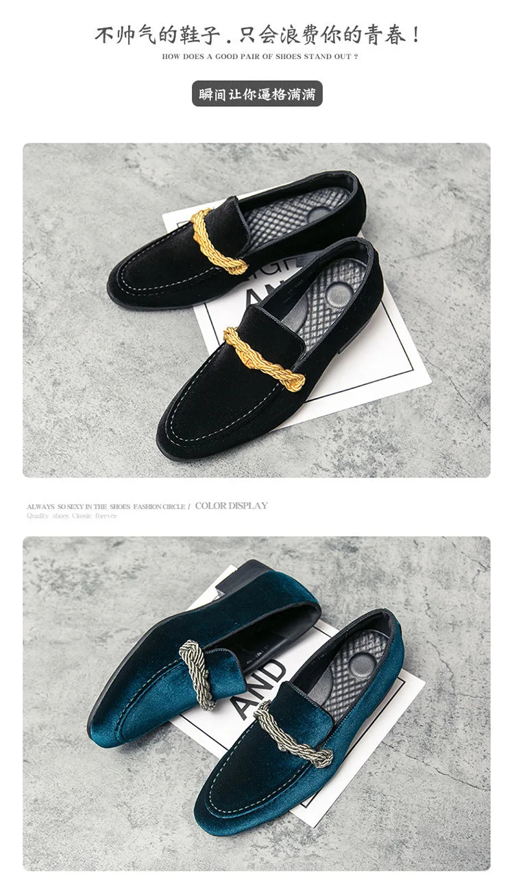 British Style Men Loafers Fashionable Classic Suede Deerskin Casual Dress Brooch Twisted Personality Small Leather Shoes 38-48