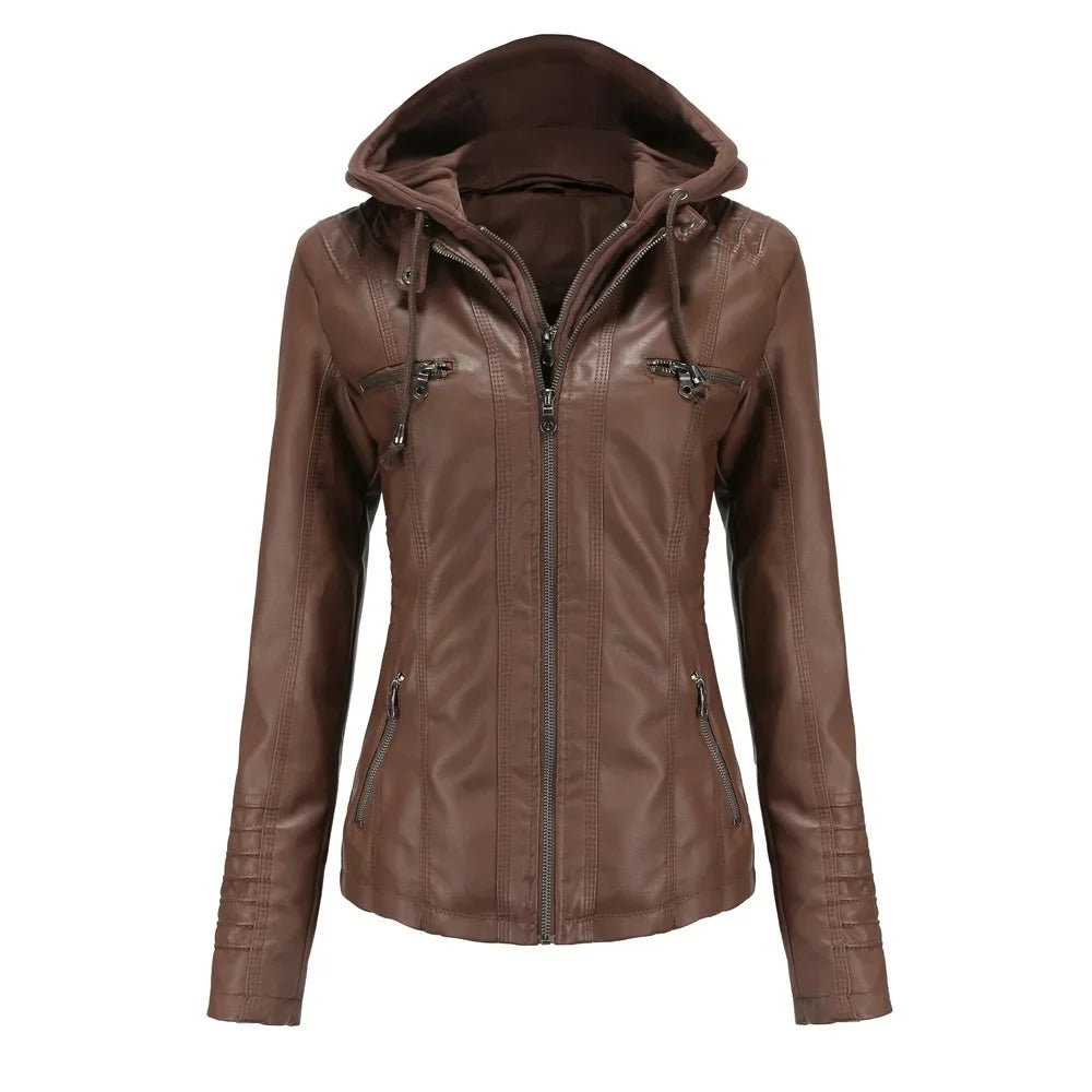 Women’s hooded jacket coat set, detachable design, faux leather, spring autumn, regular fit, L–XXL