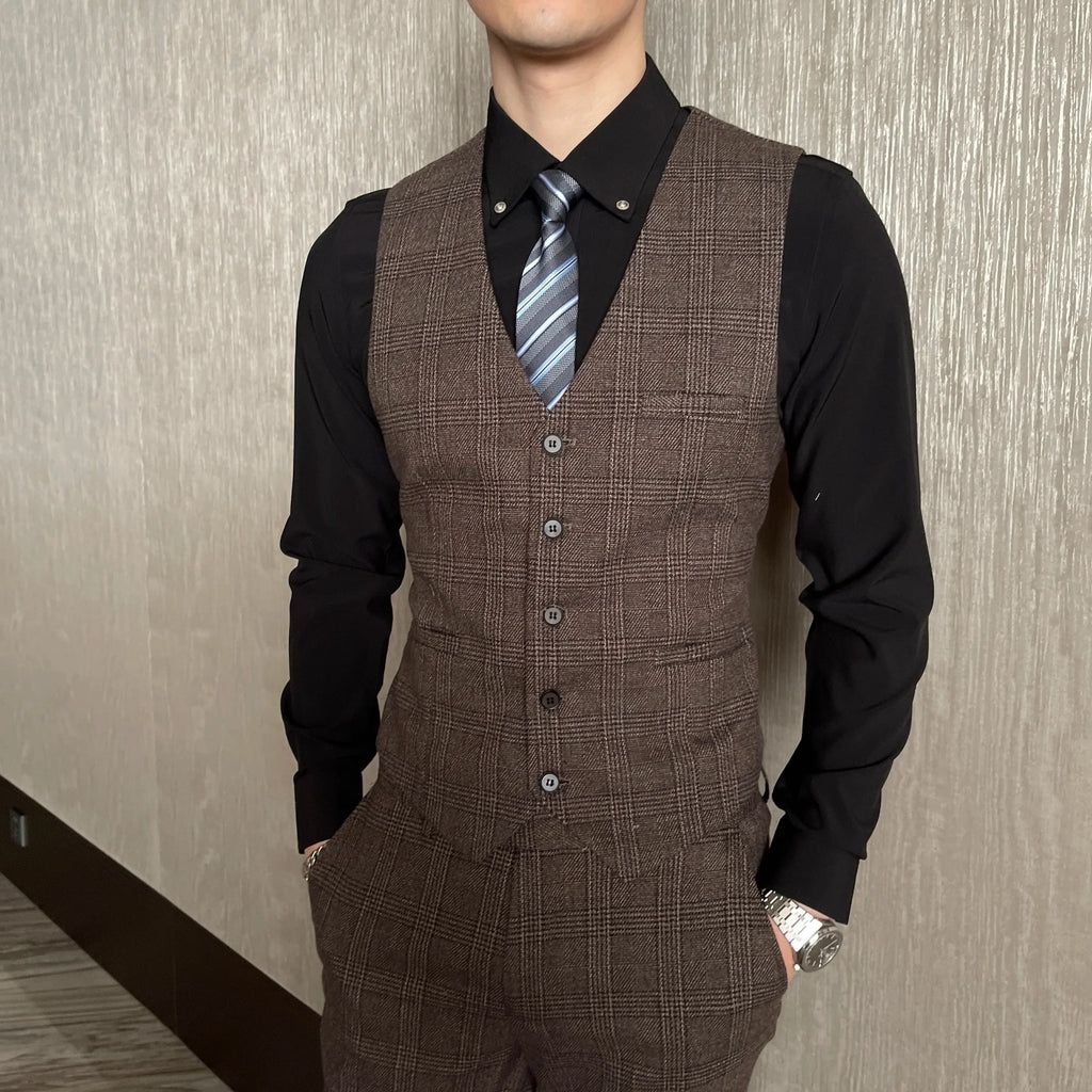 British Modified Plaid Three-Piece Suit for Men - Stylish Business Casual Suit Vest And Trousers Set