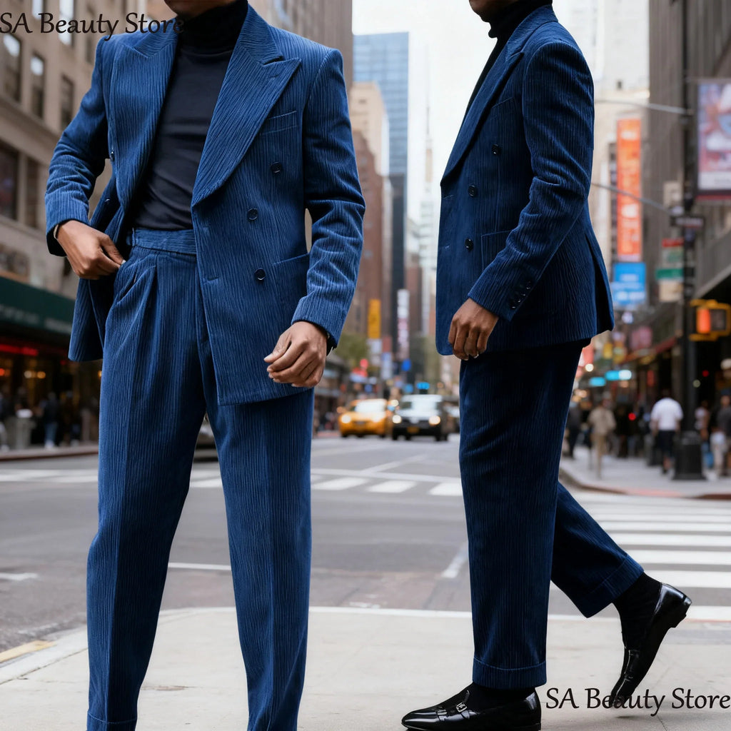 2-Pieces Retro Corduroy Double Breasted Suit Set(Blazer+Pants)High-Quality Warm Luxurious Set Wedding Part Prom Dinner Wrok