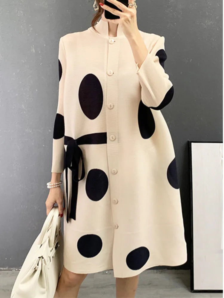 Pleated Dot Printing Dress 2025 Autumn Single Breasted Plus Size Drawstring Elegant Streetwear Festival Women Clothing