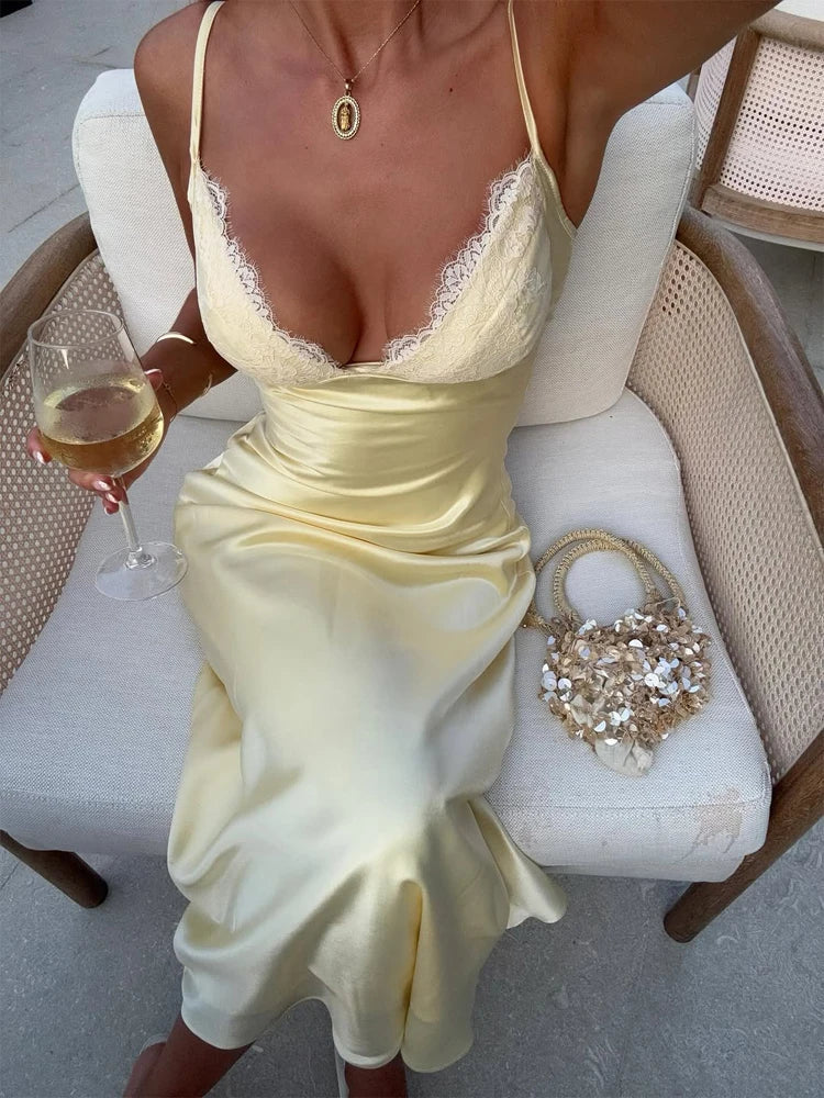 Yellow V Neck Satin Lace Patchwork Maxi Dress Chic Spaghetti Strap Backless Slip Robe 2026 Summer New Lady Beach Holiday Vestido