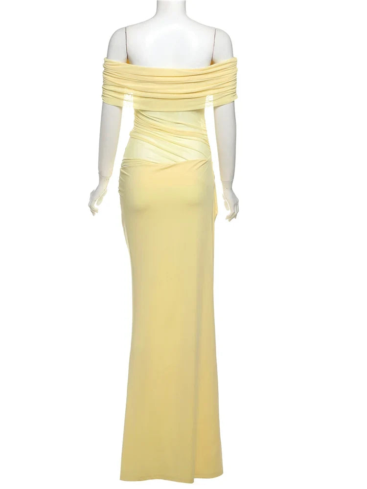 Ruched Irregular Dress Women Mesh Patchwork Slash Neck Short Sleeve Skinny Stretch Trend Elegant Long Bodycon Outfits