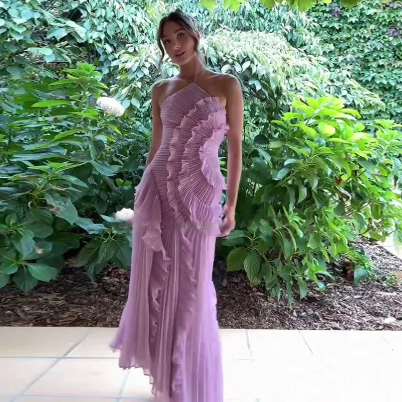 Chic Lady New Unique Design Ruffled Gown Sexy Backless Sleeveless Party Dresses High End Elegant Vacation Formal Evening Gown