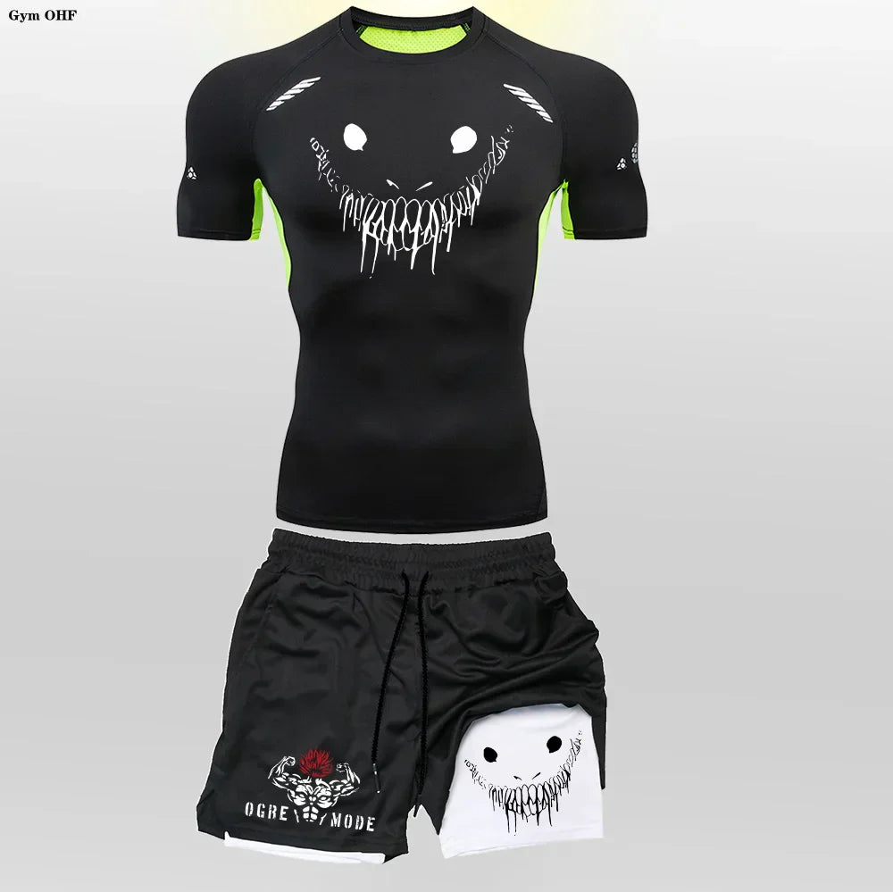 Funny Face 2 in 1 Shorts T Shirt Suits Men's Fitness Breathable Second Skin Compression Shirts Sets Gym Double Deck Shorts