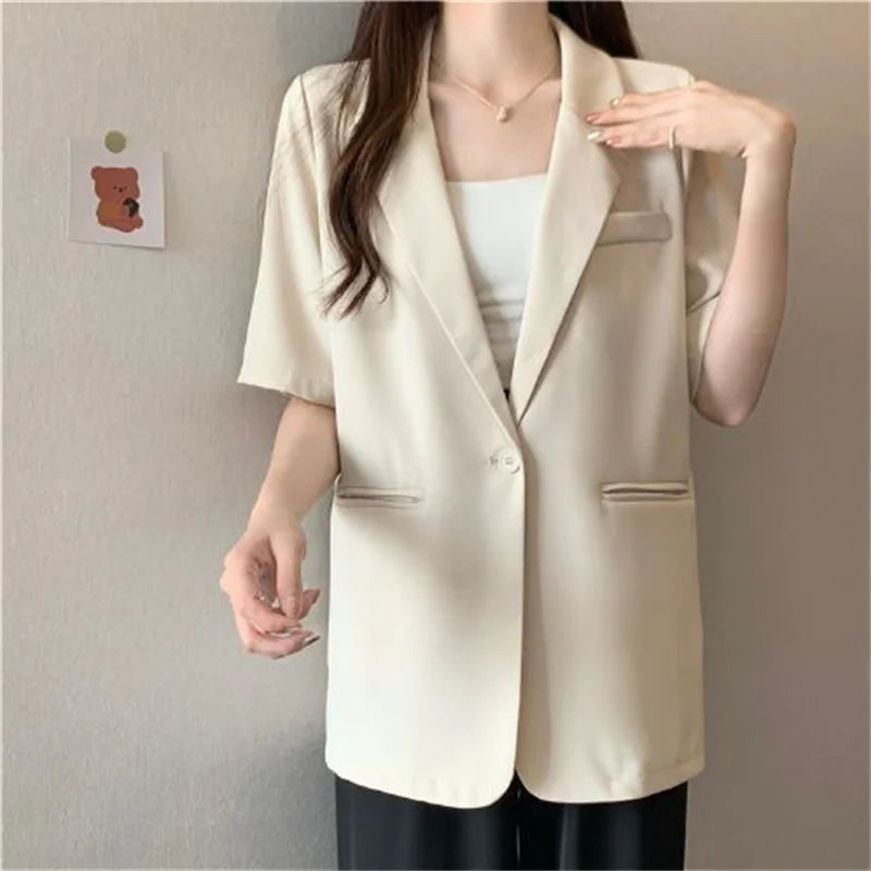 2026 Female Short Sleeved Suit Coat Women Summer Loose Fitting Solid Color Blazer Jacket Ladies Korean Leisure Tops Outerwear