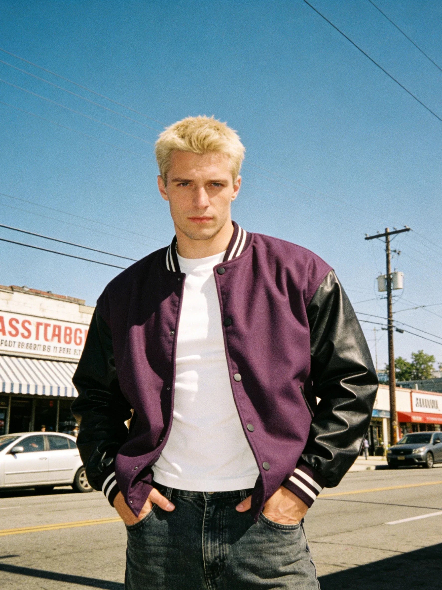 Men's Classic Varsity Jacket with Faux Leather Sleeves Letterman Style Baseball Coat Color-Block Lightweight Men's