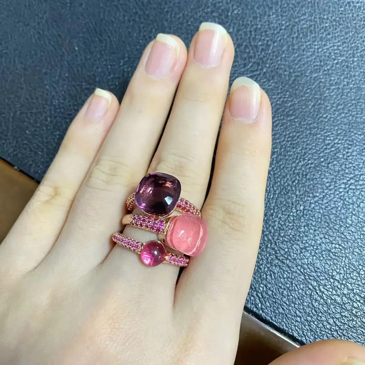 3Pcs/Set Nudo Ring Stacking Set for Women Mix Color Candy Crystal Inlay Zircon Amethyst Blue Topaz Round Jewelry Gift