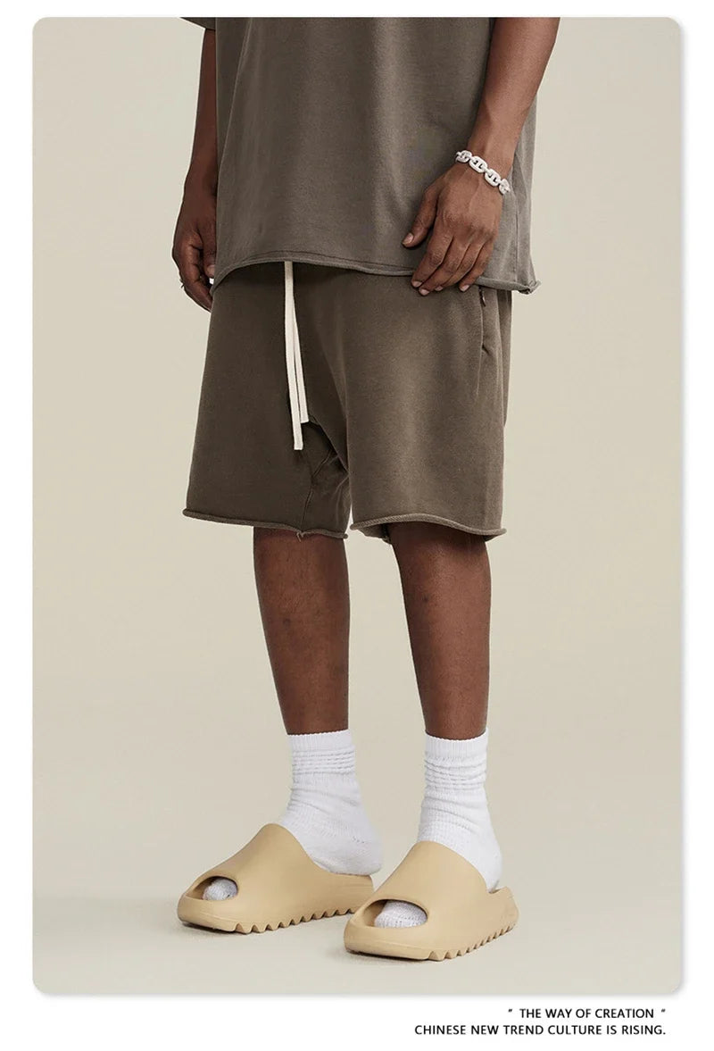 New Summer Men Retro Washed Shorts Unisex Drawstring Loose Edge 420gsm Solid Knee Length Cotton Pants Streetwears HY0589