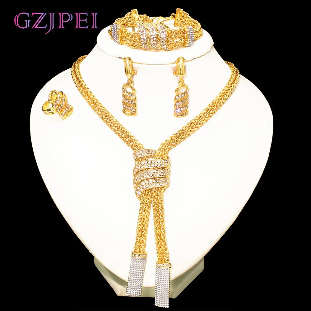Design Women Jewelry Set 18K Gold Color Charm Necklace Chain Braclete Chic Earring Ring Indian Nigeria Jewellery Gift