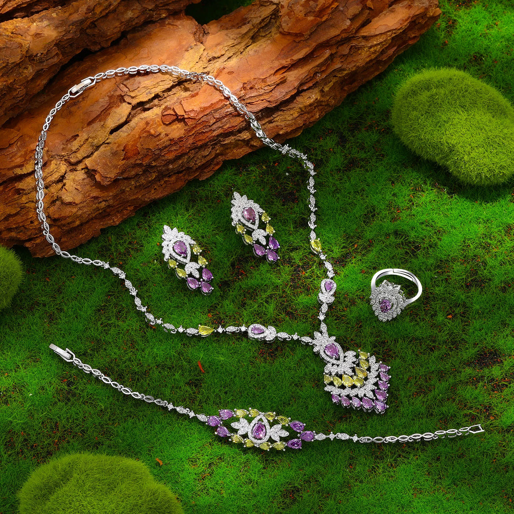 2024 Elegant Wedding Jewelry Set for Women Dubai UAE Bridal 4-piece Jewelry CZ Zircon Tassel Necklace Earrings Set