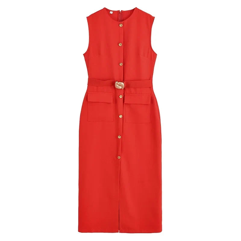 2025 Womens Dresses Black Office Long Dresses for Women Spring Sleeveless Midi Dress Woman Belt Button Women's Dress Vest