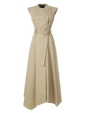 Summer 2025 Women's Elegant Sleeveless Cotton-Blended Dress Double Button High Waist A-Line Office Dresses with Belt