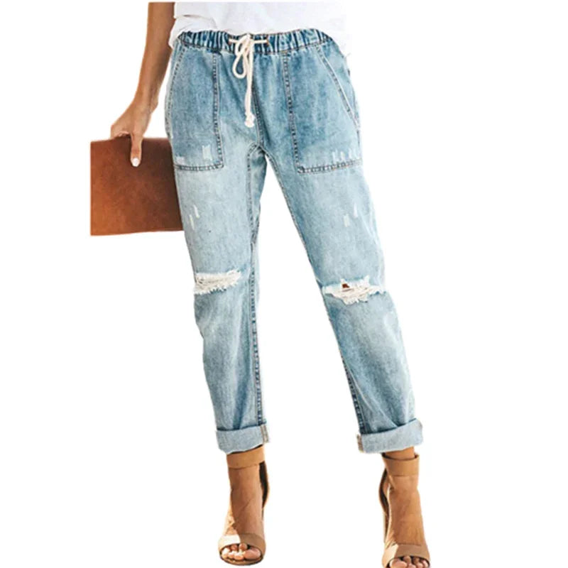 Women's Elasticated Waist Drawstring Tie Straight Jeans