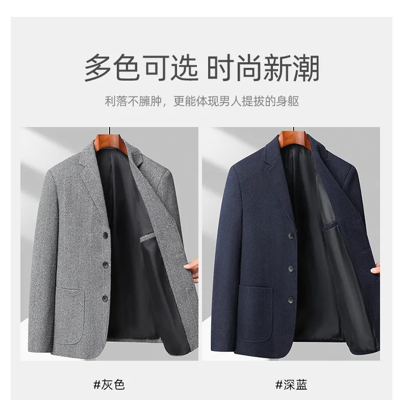 Men's Wool Blazer Herringbone Pattern Casual Business Suit Jacket Comfortable and Stylish Coat