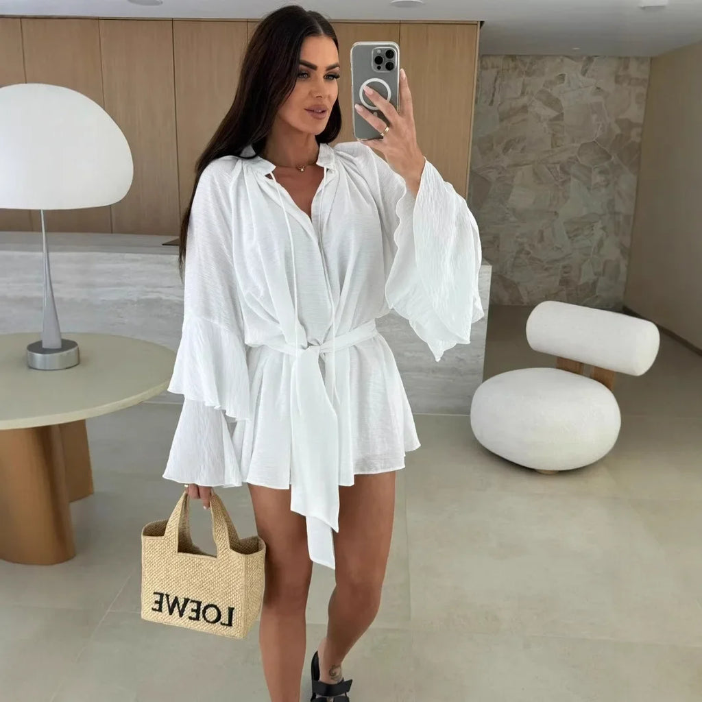 2026 Autumn Ruffle Loose Mini Dress Casual Flare Sleeve Holiday Dresses Sexy Deep V-neck Lace Up Solid Women's Dress Vestidos