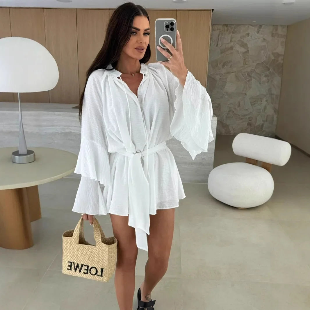 2026 Autumn Ruffle Loose Mini Dress Casual Flare Sleeve Holiday Dresses Sexy Deep V-neck Lace Up Solid Women's Dress Vestidos