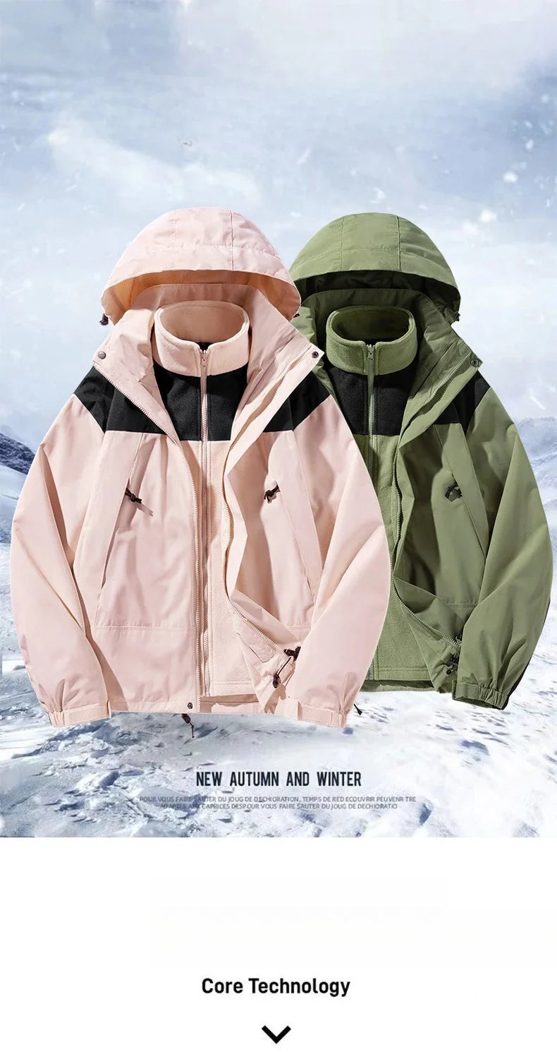 New Three-in-one Outdoor Jackets Simple Fashion Suitable Men Women Wear Waterproof Breathable Fabric Camping Skiing Warm Jacket