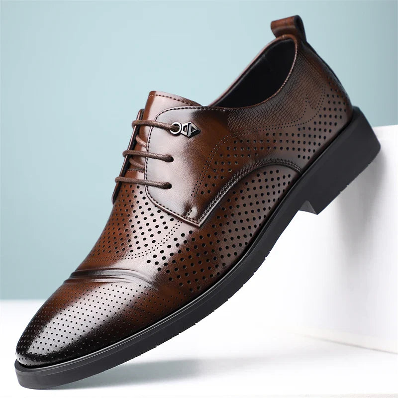 Men's Summer Breathable Leather Shoes Hollow out Fashionable Slip-On Comfortable Anti-Slip Soft Bottom Derby Shoes-SJ2501-1