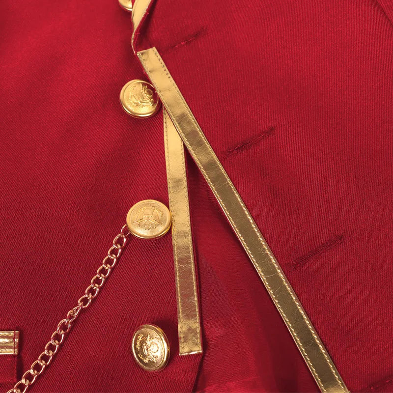 British Style Men Red Sleeveless Vest Jacket, Thin Single Button V-neck Waistcoat, Gold Striped Patchwork.