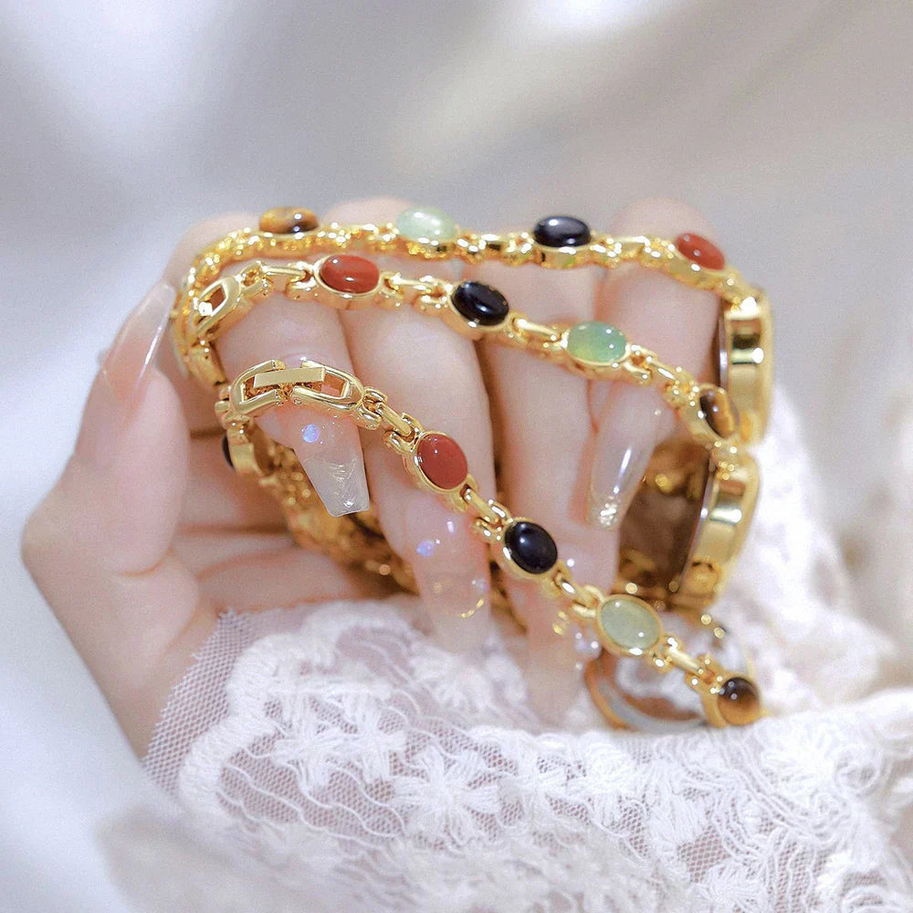 Women's watch Vintage Natural Colorful Jade Bracelet Wristwatches Clock,Luxury Elegant Small Oval Dial Quartz Watch Waterproof