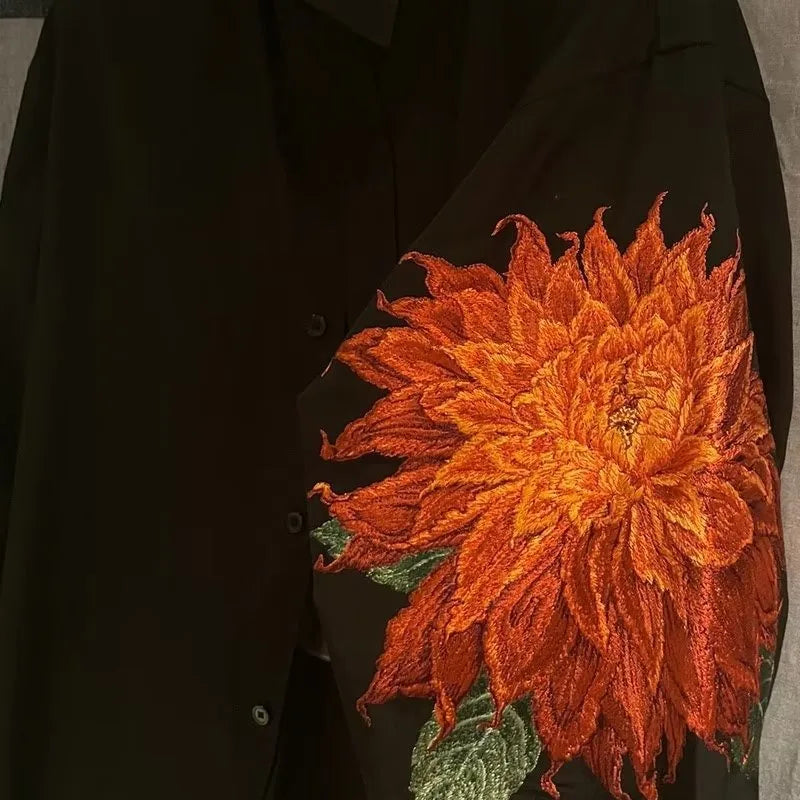 Red Flower Shirt Men Japanese Elongated Dark Embroidered Floral Top