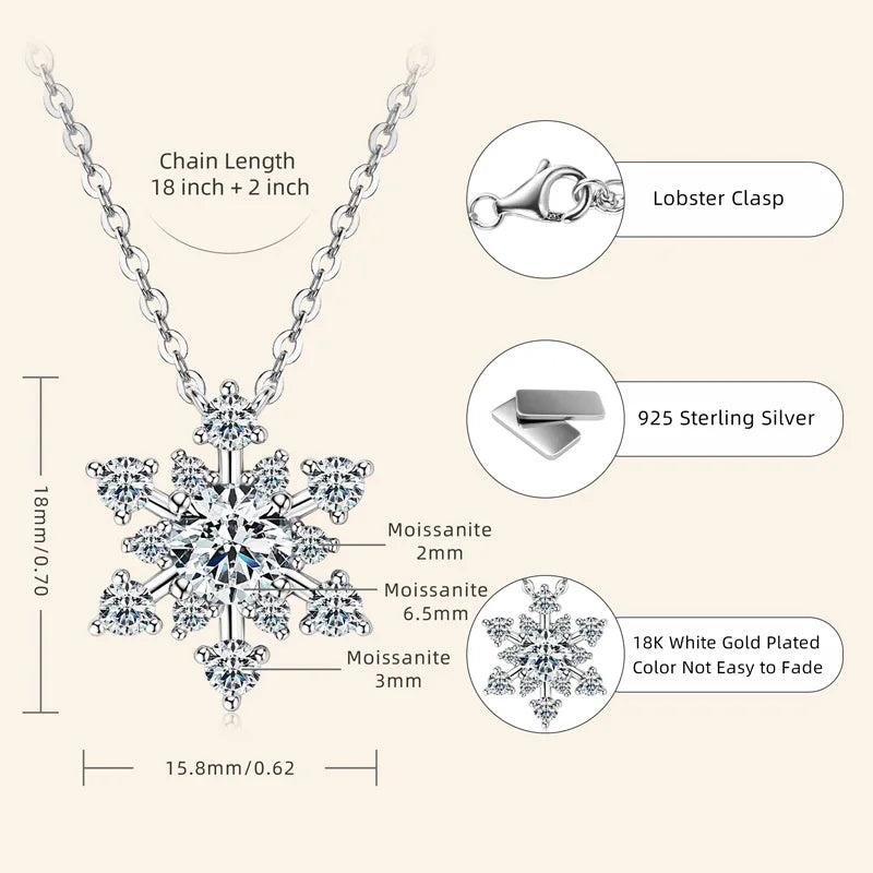 Round Cut Moissanite Snowflake Pendant Necklaces for Women Solid 925 Sterling Silver Chains Wedding Jewelry Gift Collar