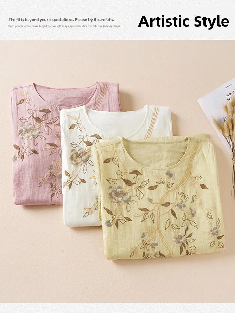 Summer New Hemp Dr Embroidered round Ne Five-Quarter Sve Fairy Beautiful Long Women's Dr New Chinese Sle