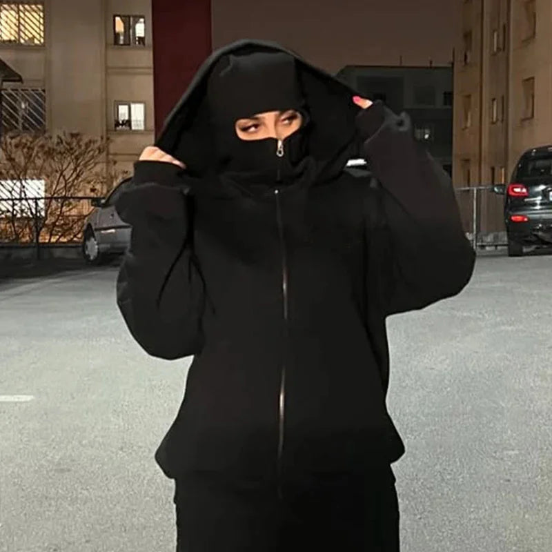 بالاكلافا رجالي ونسائي Y2K قوطي هاراجوكو شتوي جديد سويت شيرت بقبعة مزدوجة للرجال قناع بغطاء رأس بسحاب ملابس رياضية