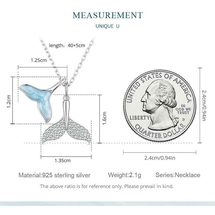 925 Sterling Silver Sky Blue Enamel Whale Tail Pendant Necklace Double Fish Tail Neck Chain for Women Fine Jewelry BSN294