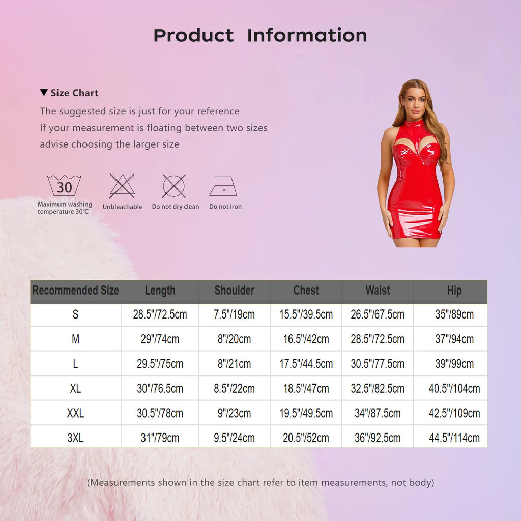 Womens Wet Look PU Leather Mini Dress Mock Neck Sleeveless Hollow-out Push-up Bra Bodycon Tube Dress Clubwear for Raves Party