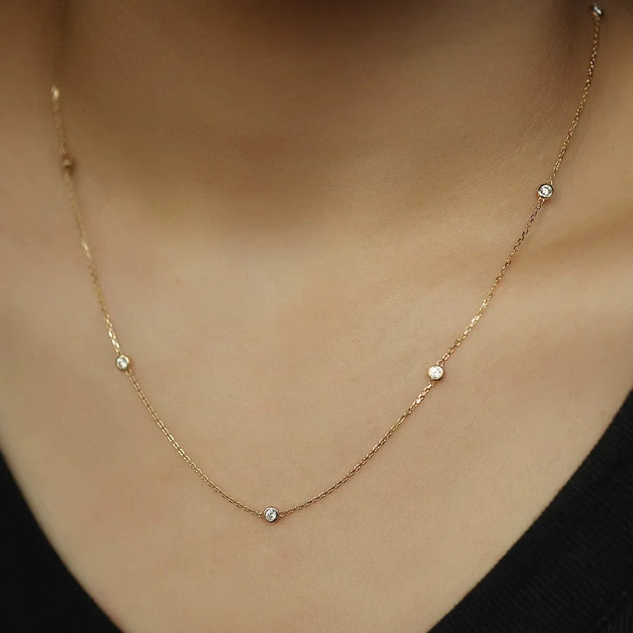 100% S925 Sterling Silver Round Zircon Bead Necklace for Women Gold Silver Color Korea Clavicle Chain Necklace Trendy Jewe