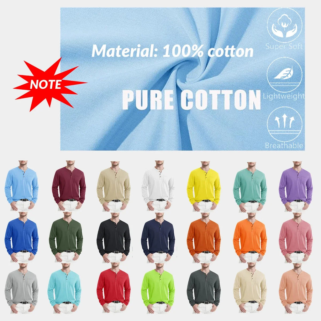 Henry Neck Long Sleeves Men's High Quality Cotton Henley Shirts Casual Button T-Shirt with Pocket Placket Fitted Tees