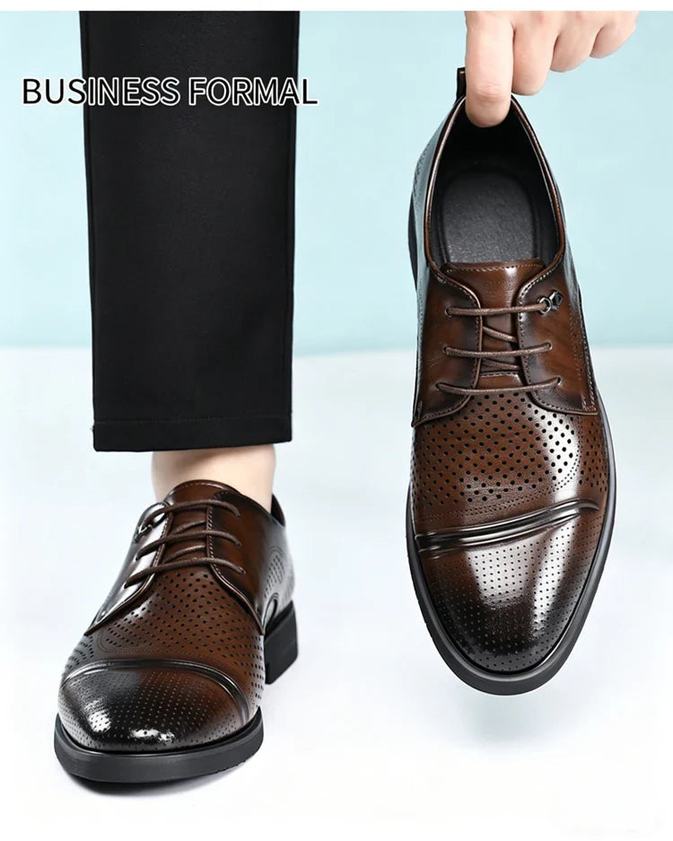 Men's Summer Breathable Leather Shoes Hollow out Fashionable Slip-On Comfortable Anti-Slip Soft Bottom Derby Shoes-SJ2501-1