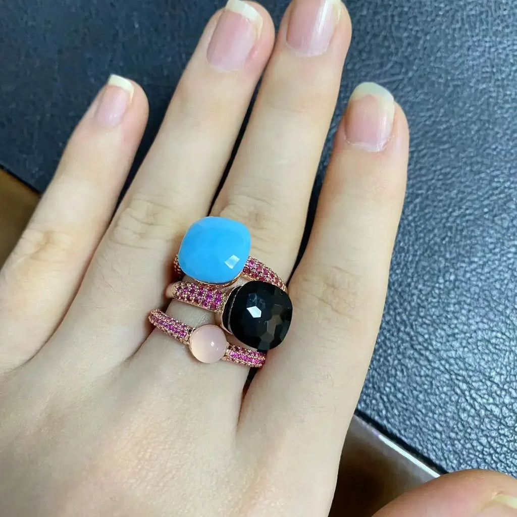 3Pcs/Set Nudo Ring Stacking Set for Women Mix Color Candy Crystal Inlay Zircon Amethyst Blue Topaz Round Jewelry Gift