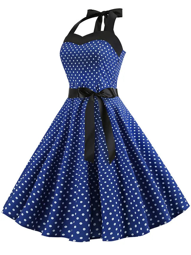 Women Polka Dot Print Summer Dress Sexy Retro White Halter Vintage Dress Robe Femme Pin Up Rockabilly Party Dress