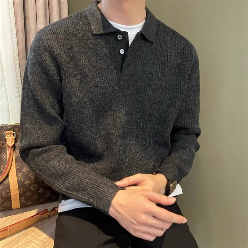 Mens Knit Sweater Autumn Winter Pullover Korean Soft Heavyweight Knit Polo Sweaters Minimalist Long Sleeve Solid Casual Top