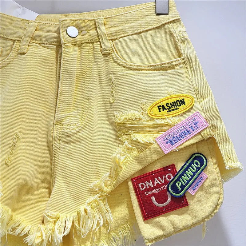 New Trendy Women's Spliced Hole Burr Edge Denim Shorts 2025 Summer Fashion High Waist A-line Short Pants Female 1LS2103