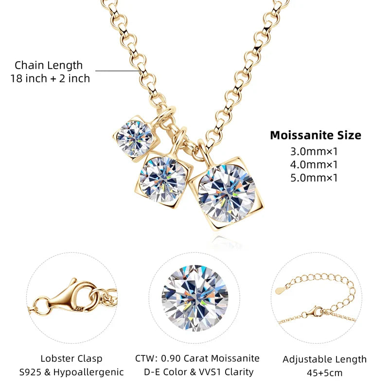 Three Stone Moissanite Pendant Necklace Niche 925 Sterling Silver Chain Necklaces for Women Collar Plata 925 Jewelry Gift