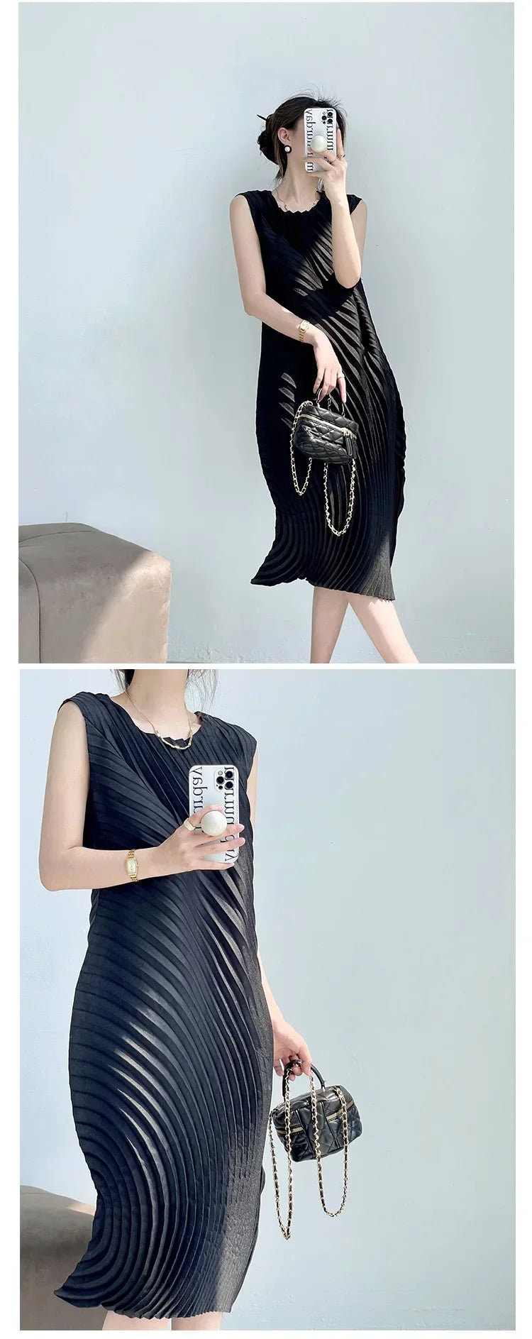 Hand Circle Pleated Sleeveless Dress Designer Long Round Neck Elegant Loose Summer Korean Style Aesthetic Clothes