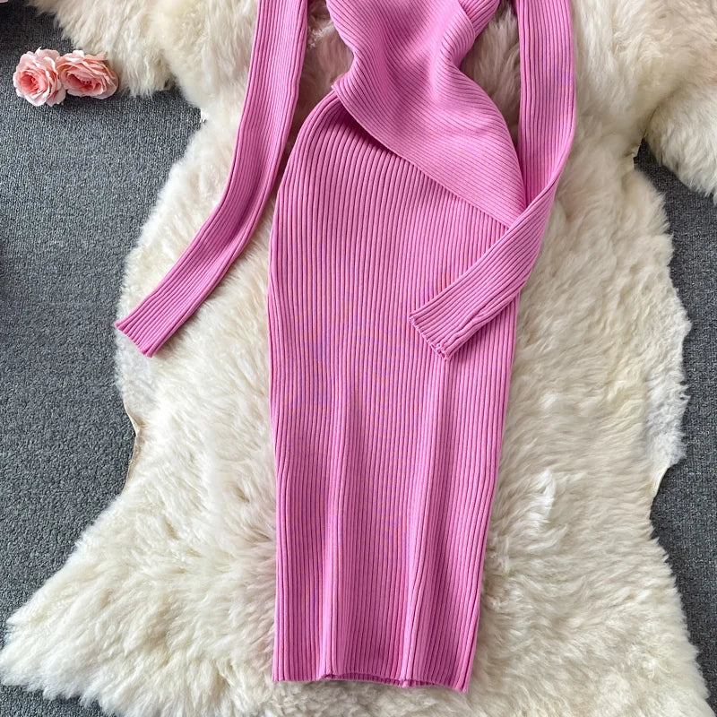 Autumn Winter 2025 Women Dress Elegant Cross V-neck Slim Waist Knitted Bodycon Dress Korean Office Lady Vestidos