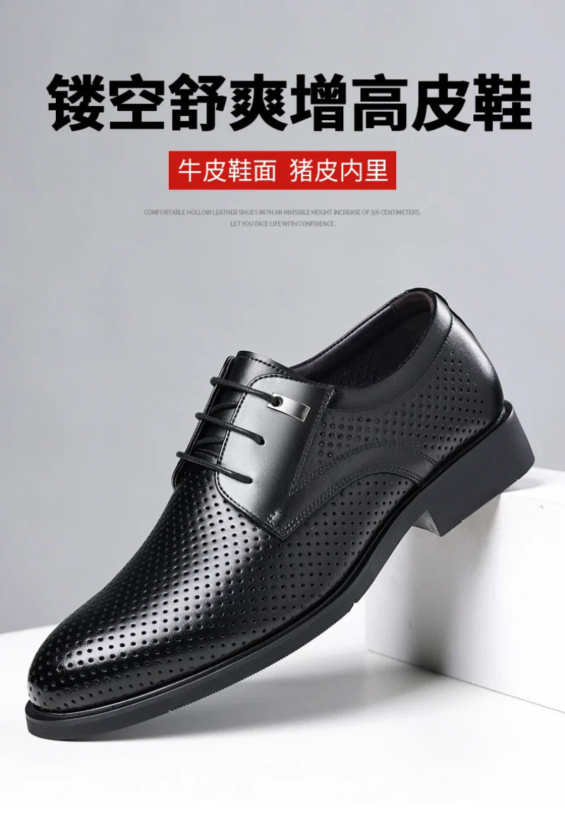 Mens Black Genuine Leather Perforated Metal Decor Lace Up Formal Business Office Breathable Summer Shoes Hollow Stylish Simple